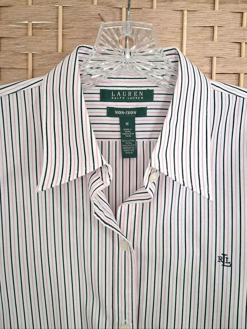 Lauren Ralph Lauren Women’s Classic Black Pink Striped Non-Iron Dress Shirt Med